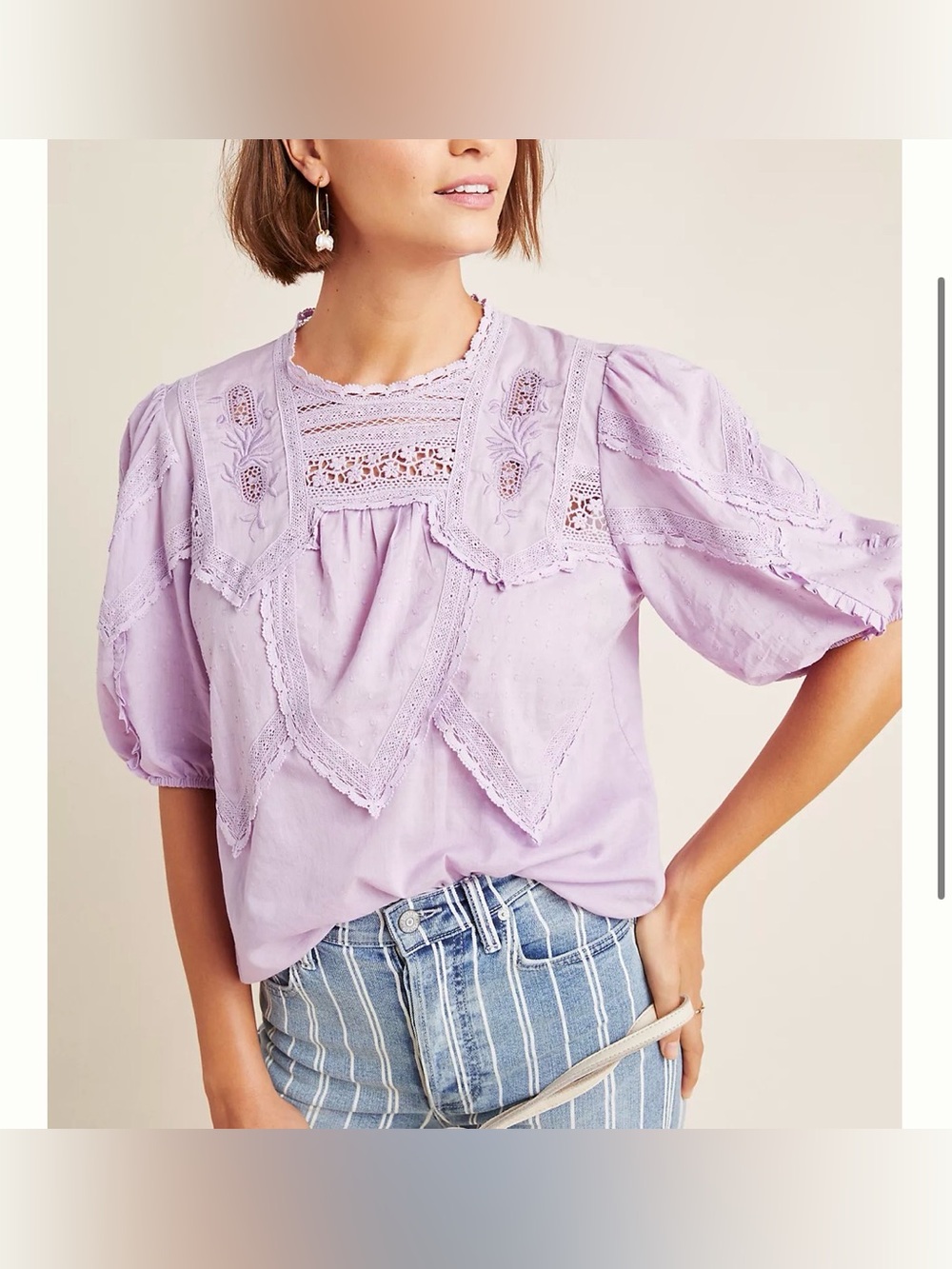 Anthropologie Aderyn Puff-Sleeved Lace Blouse in Light Purple Size XL